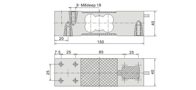 WST203 single point load cell for chair and wheelchair scales, 100 kg to 300 kg, dimension drawing