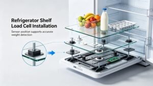 load cell sensor mounted under a refrigerator shelf for weight measurement