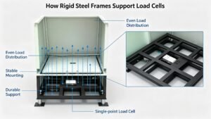 A rigid steel mounting frame holds the load cell