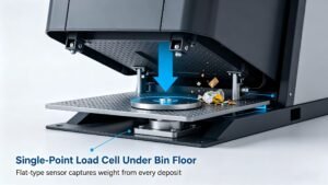 A single-point or flat-type load cell is mounted under the bin floor