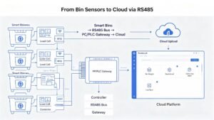 Multiple smart bins share one RS485 bus to a PCPLC gateway