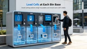 Smart waste sorting stations use load cells at each bin