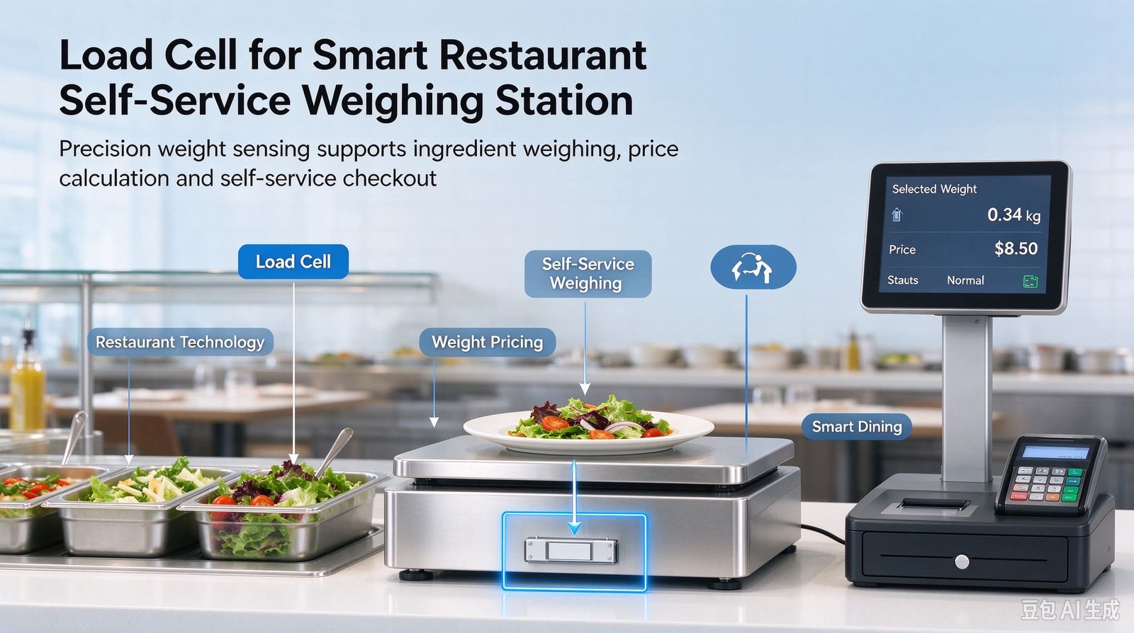 Load Cells for Self-Service Weighing Stations in Smart Restaurants: The Reading Now Issues an Invoice